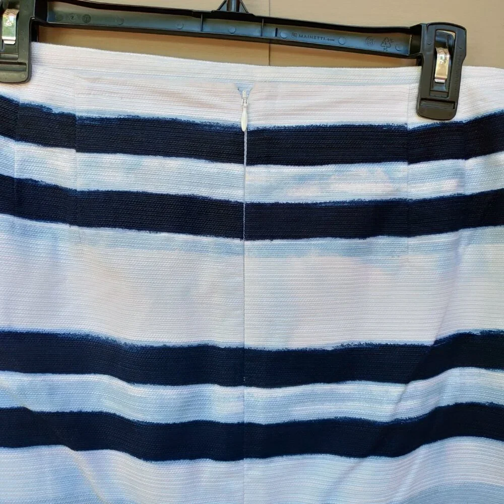 Ann Taylor Straight Skirt Abstract Watercolor Stripe White Blue Cotton 430722